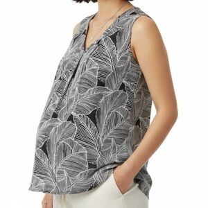 A Pea In The Pod Maternity Black & White Leaf Print Silky Sleeveless Blouse | Sm